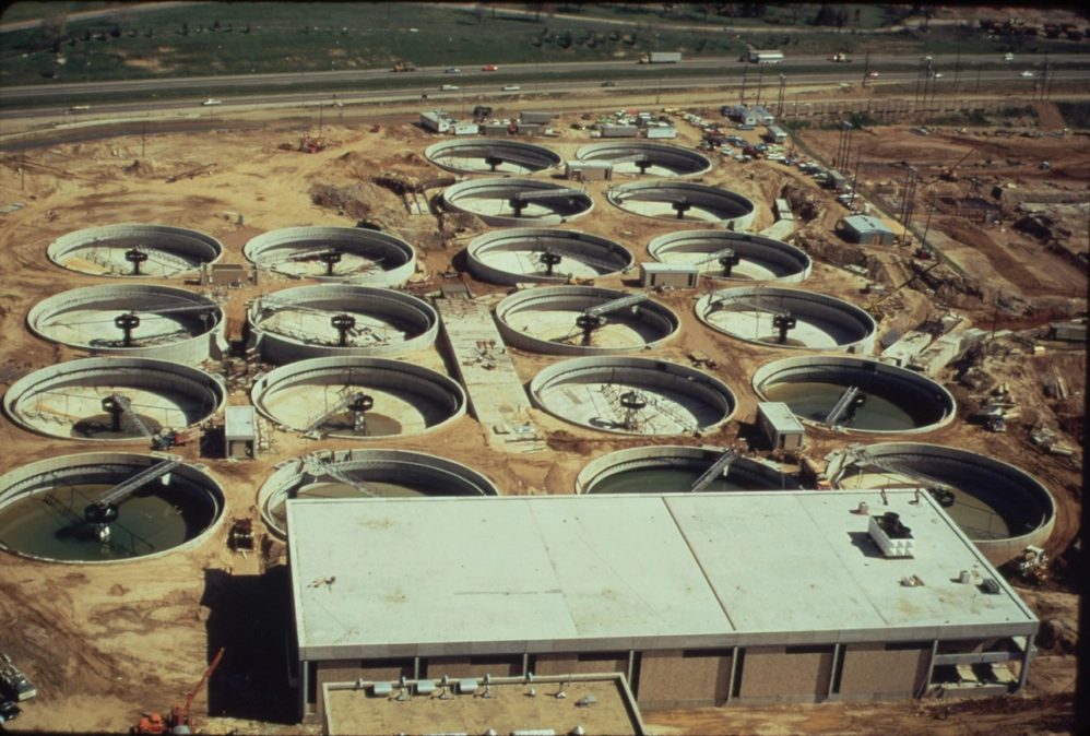 Aerial view of treatment plant clarifiers under construction